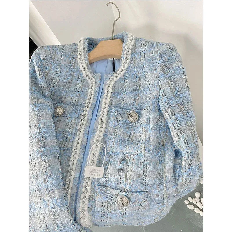 2023 Autumn Blazer Women Small Fragrant Woven Tweed Gentle Elegant Short Qulited Plaid Jacket Office Lady Cardigan Tops Coat