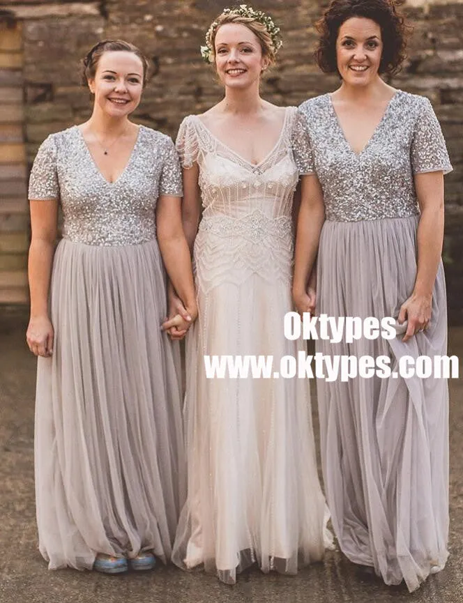 A-Line V-Neck Short Sleeves Grey Tulle Bridesmaid Dress with Sequins, TYP0911