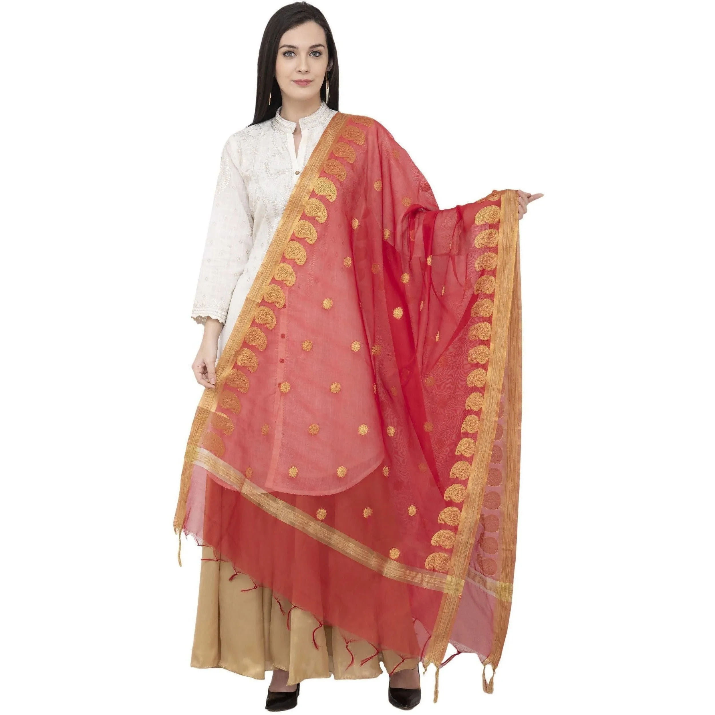 A R Silk VNS Ambi Border Fancy Dupatta Red Color Dupatta or Chunni