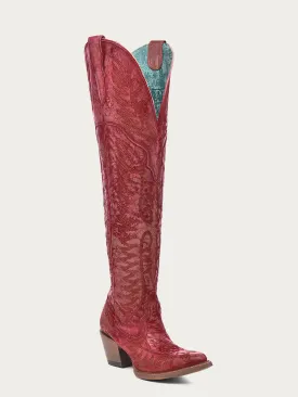 A4212A - WOMEN'S DISTRESSED RED EMBROIDERY TALL TOP J TOE COWBOY BOOT