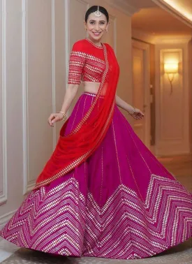 Adorable Pink And Red Taffeta Silk Base Embroidered Lehenga Choli