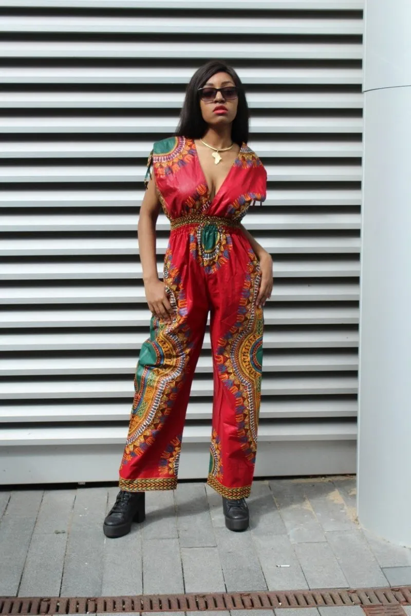 African Jumpsuit in Red Dashiki