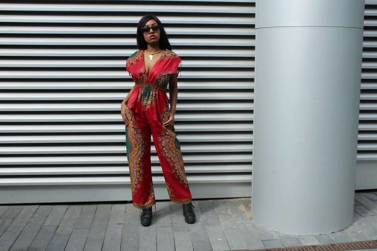 African Jumpsuit in Red Dashiki