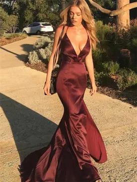 Deep V-neck Maroon Mermaid Satin Prom Dresses