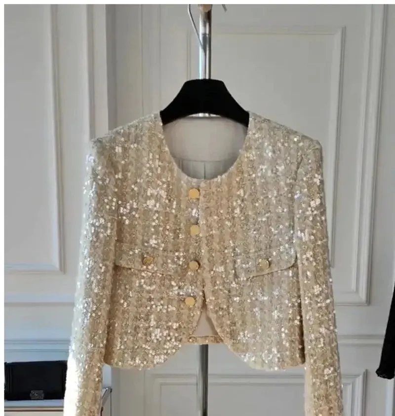 Elegant Chic Blingbling Sequins Short Coat 2023 Autumn New Jackets Korean Fashion Long Slevee O-Neck Outwear Cardigan