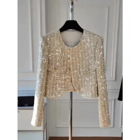 Elegant Chic Blingbling Sequins Short Coat 2023 Autumn New Jackets Korean Fashion Long Slevee O-Neck Outwear Cardigan