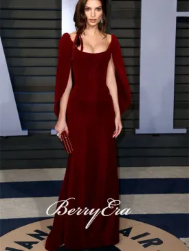 Emily Ratajkowski Scoop Long Mermaid Red Dresses, Soft Satin Long Prom Dresses