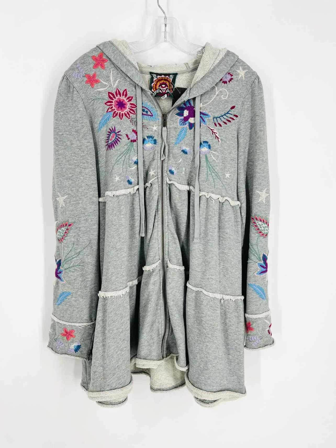 Johnny Was Size M Gray/Multi Flowers Embroidered Hooded Designer Jacket