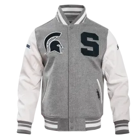 MICHIGAN STATE UNIVERSITY CLASSIC RIB WOOL MEN'S VARSITY JACKET (HEATHER GREY/WHITE)