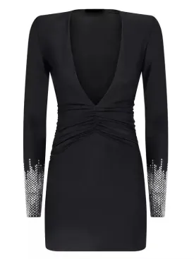 Women’s Black Plunge V-Neck Mini Dress with Embellished Sleeves