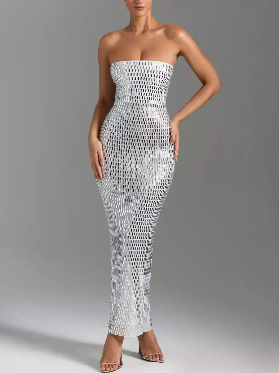 Women’s Crystal-Embellished Long Strapless Tube Dress