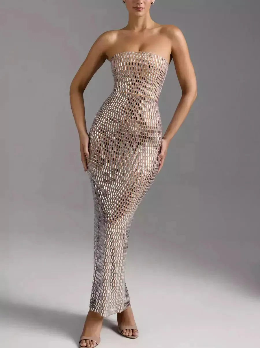 Women’s Crystal-Embellished Long Strapless Tube Dress