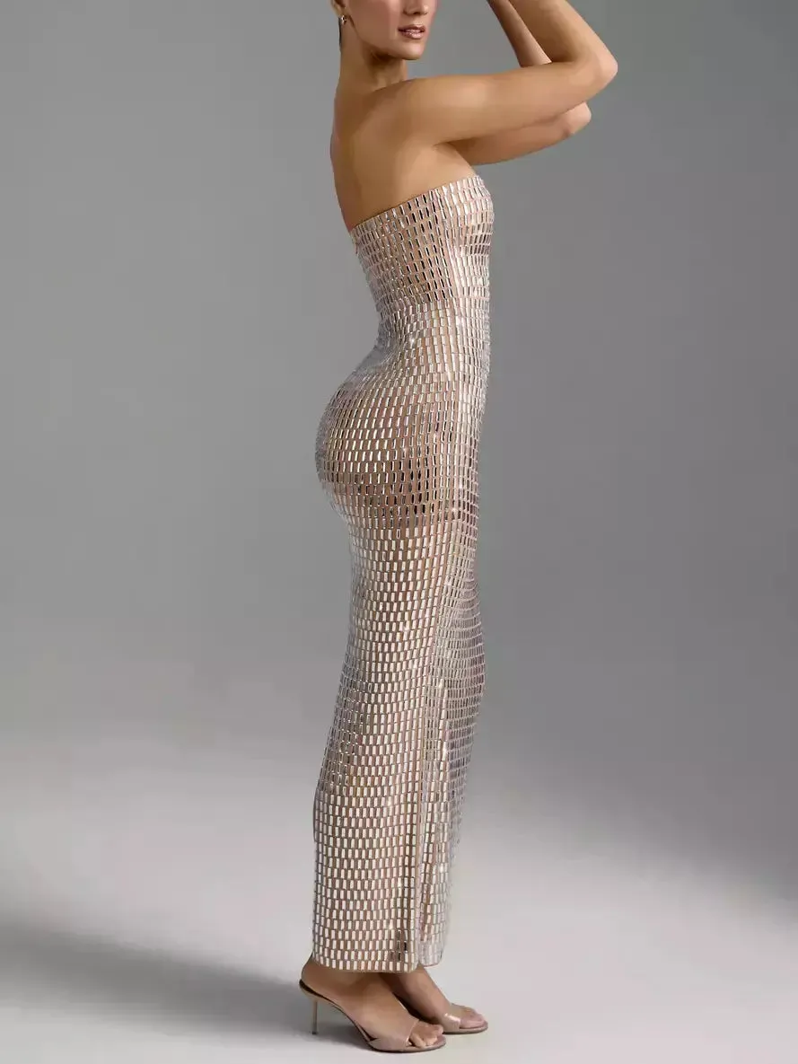 Women’s Crystal-Embellished Long Strapless Tube Dress