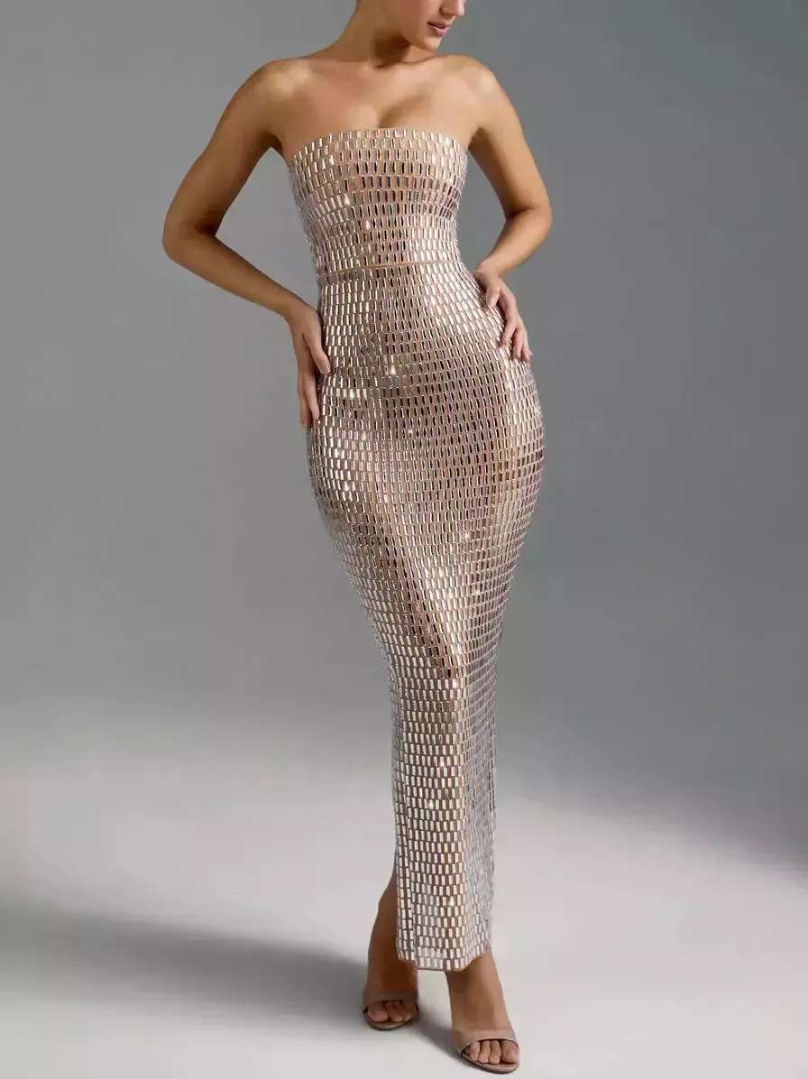 Women’s Crystal-Embellished Long Strapless Tube Dress