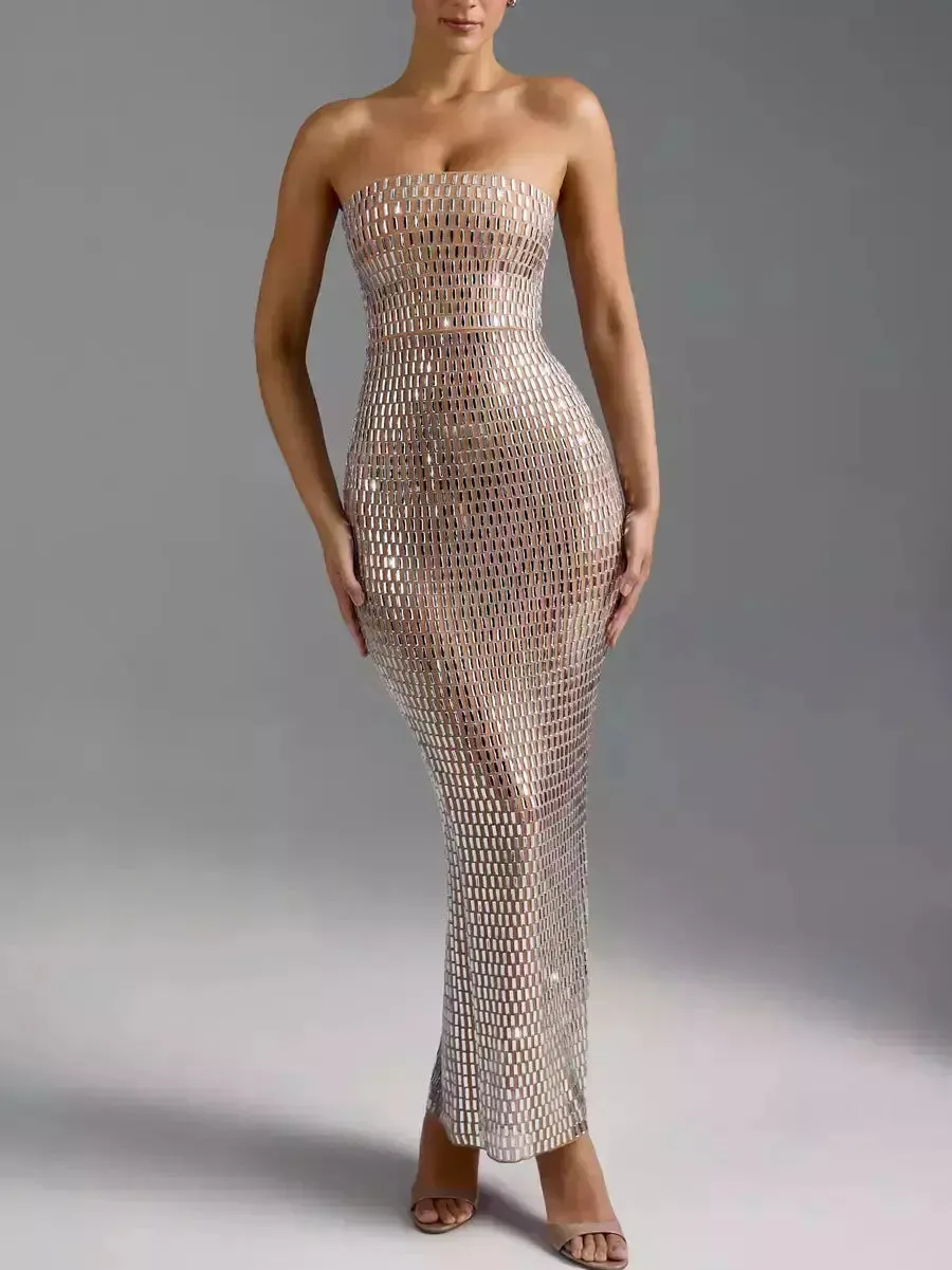 Women’s Crystal-Embellished Long Strapless Tube Dress