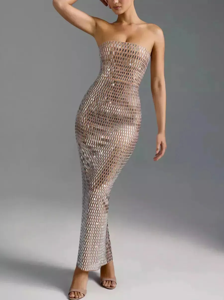 Women’s Crystal-Embellished Long Strapless Tube Dress