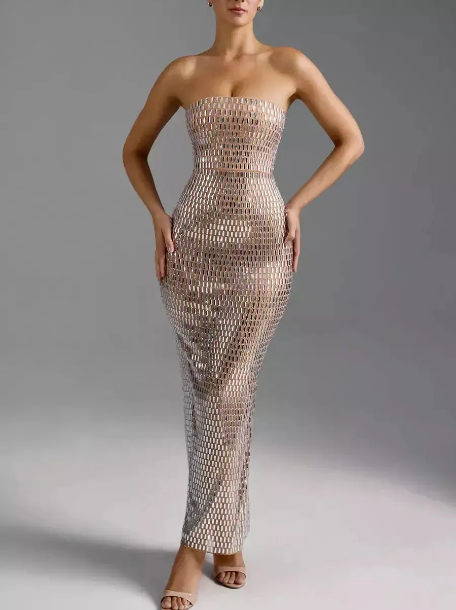 Women’s Crystal-Embellished Long Strapless Tube Dress