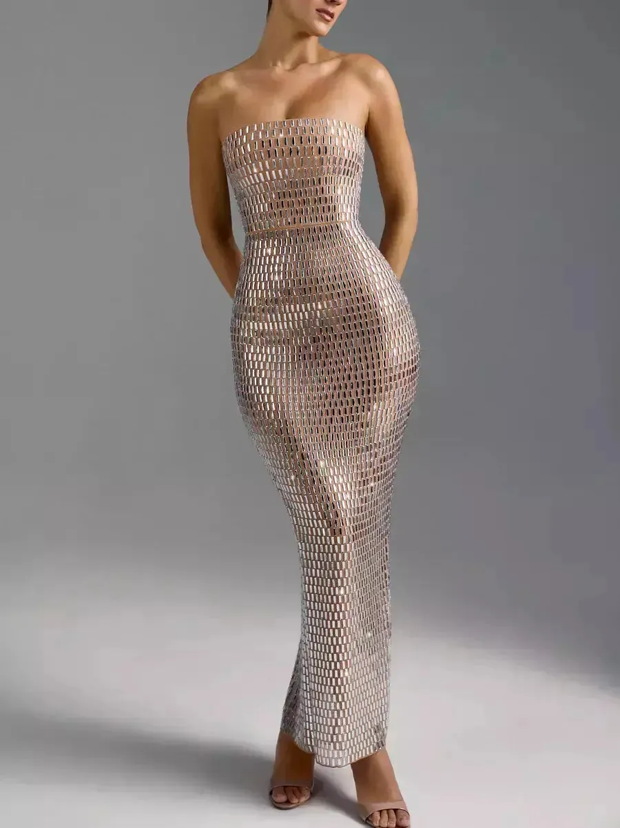 Women’s Crystal-Embellished Long Strapless Tube Dress